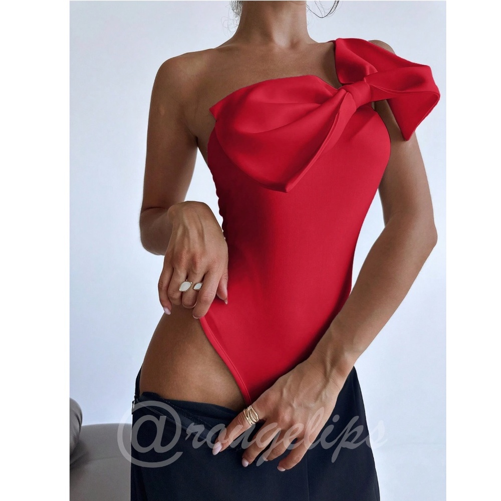 Red Large Bow One Shoulder Bodysuit Slim Fit Asymmetrical - Picture 4 of 8